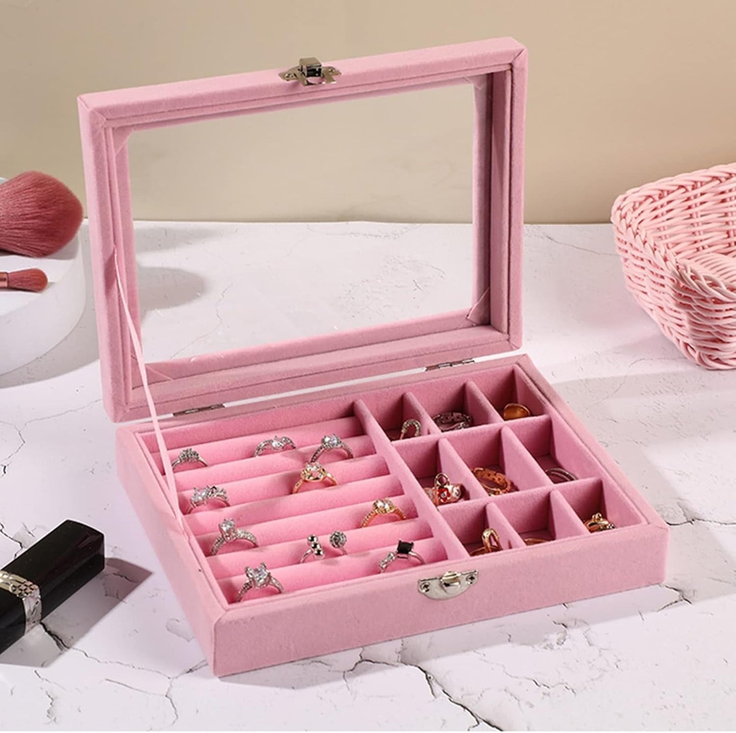 Velvet Jewelry Storage Box with Glass Lid – Multi-Compartment Organizer for Rings, Earrings & Accessories (Portable Display Case)