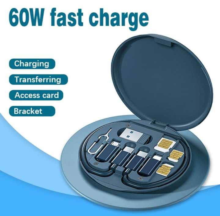 5 in 1 60W Fast Charging Cable Kit – Multi Charging Cable with USB Adapter, SIM Card Storage & Phone Stand
