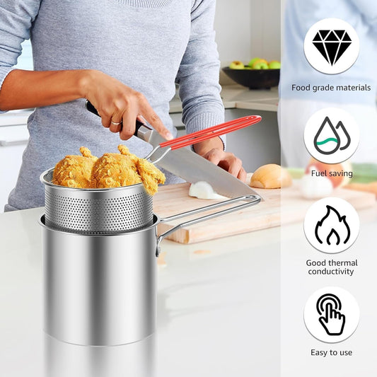 2-in-1 Stainless Steel Deep Fryer Pot with Removable Strainer Basket and Heat-Resistant Handle