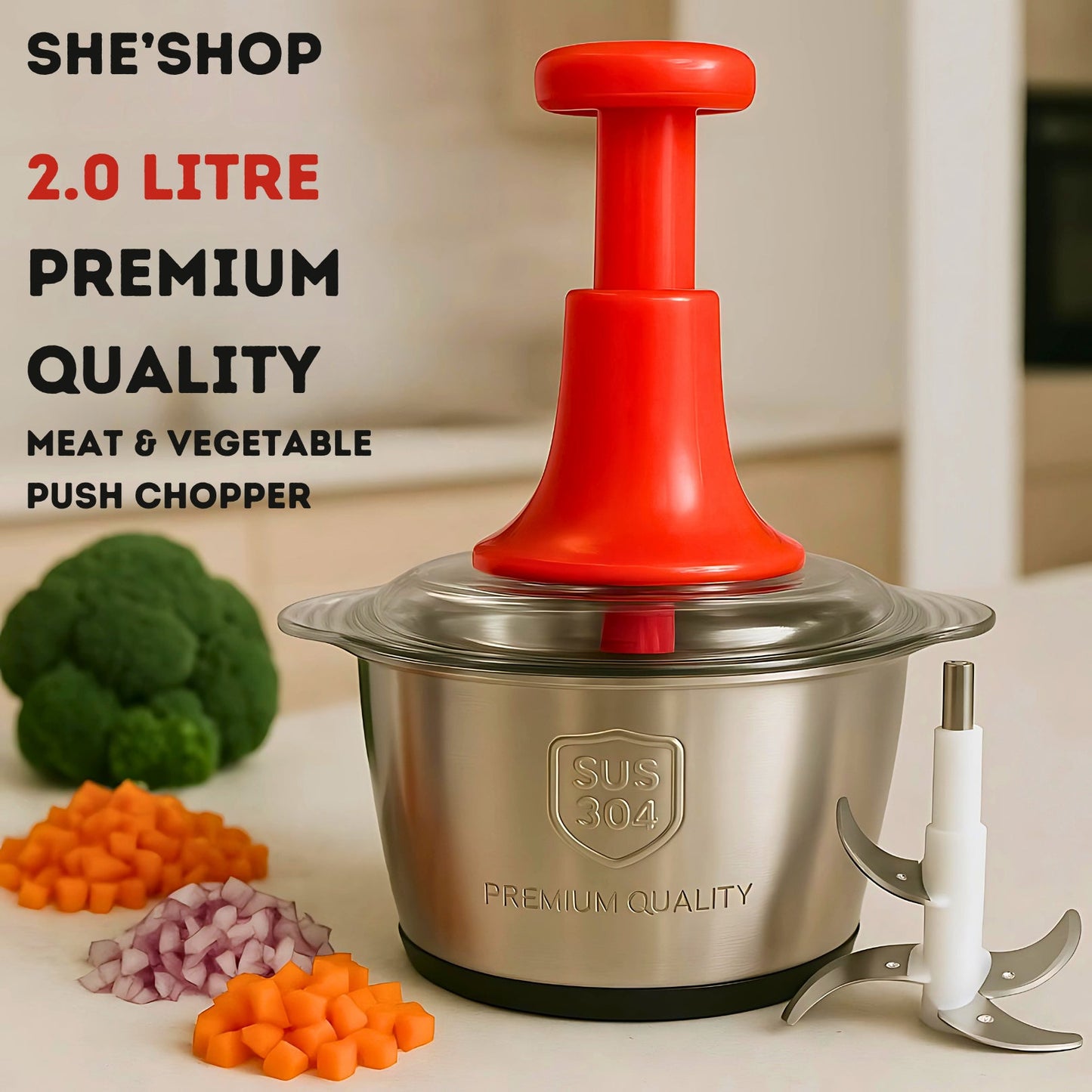 2L Stainless Steel Push Chopper – Manual Hand Press Vegetable & Meat Chopper