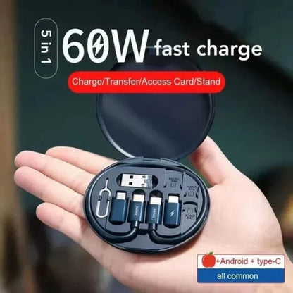 5 in 1 60W Fast Charging Cable Kit – Multi Charging Cable with USB Adapter, SIM Card Storage & Phone Stand