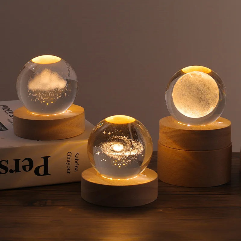 3D Moon Crystal Ball Night Lamp with Wooden Base, LED Lunar Light Decorative Bedroom Lamp, Home Decor Gift