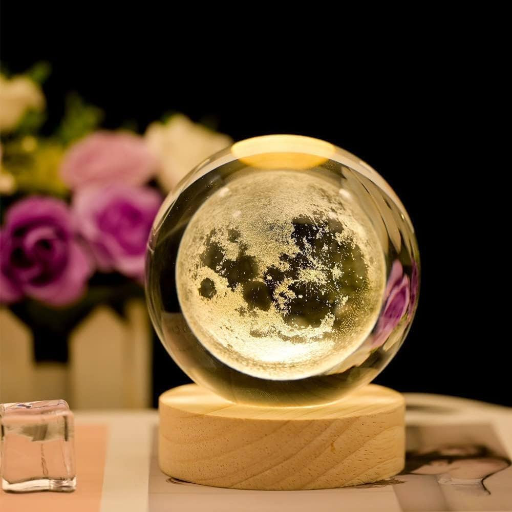 3D Moon Crystal Ball Night Lamp with Wooden Base, LED Lunar Light Decorative Bedroom Lamp, Home Decor Gift