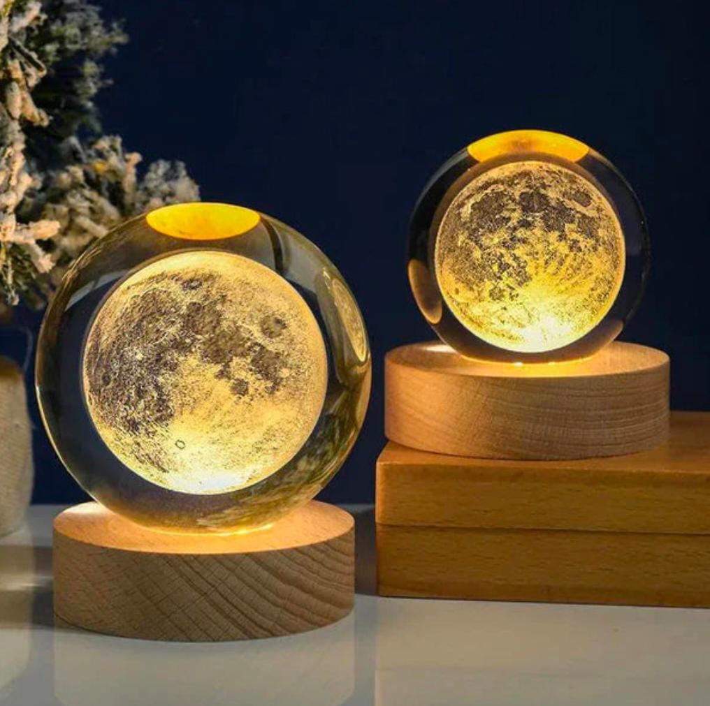 3D Moon Crystal Ball Night Lamp with Wooden Base, LED Lunar Light Decorative Bedroom Lamp, Home Decor Gift