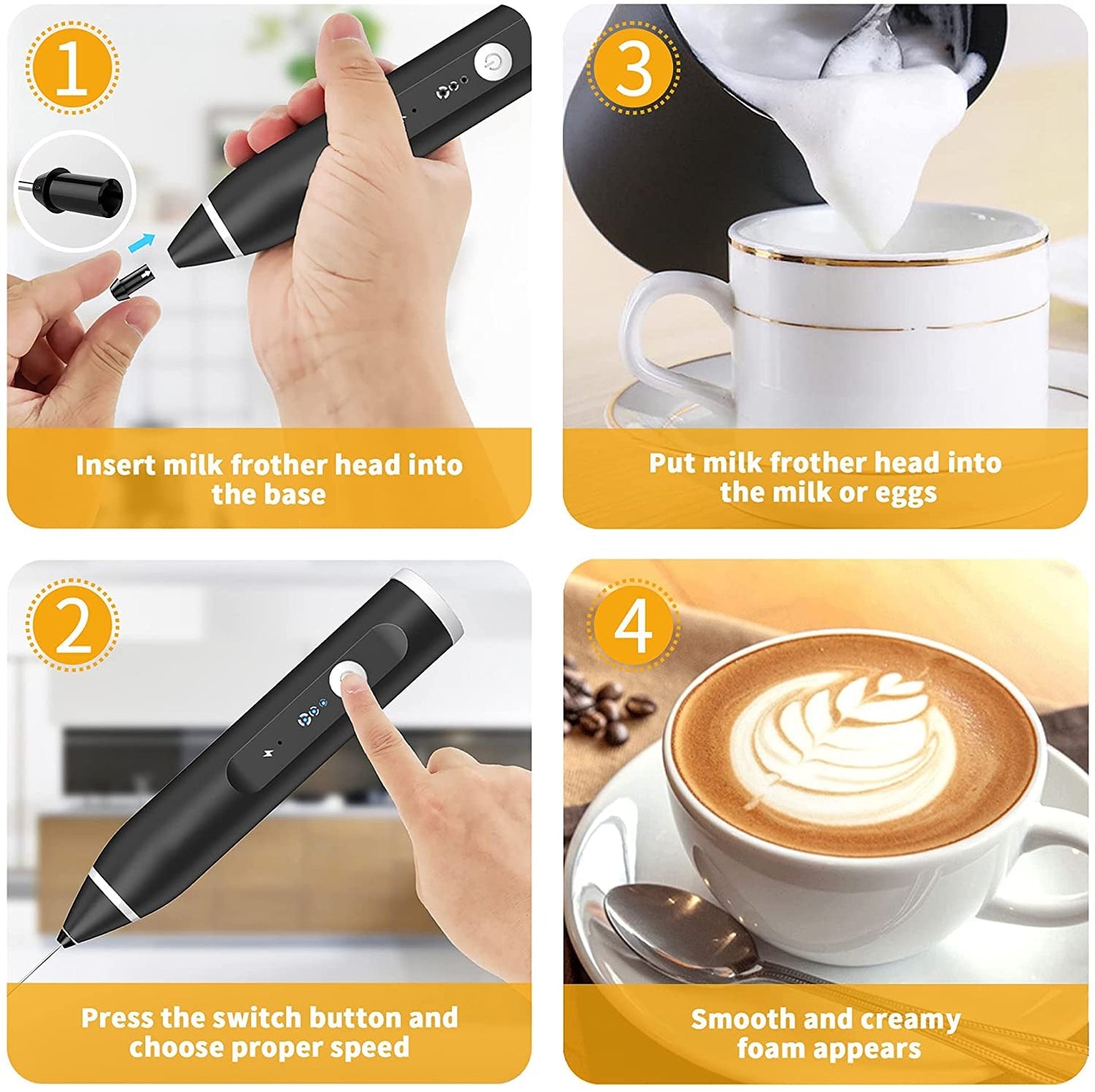 USB Rechargeable Milk Frother – Handheld Electric Coffee Frother & Foam Maker with Stainless Steel Whisk