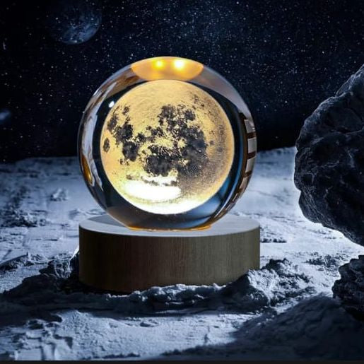 3D Moon Crystal Ball Night Lamp with Wooden Base, LED Lunar Light Decorative Bedroom Lamp, Home Decor Gift