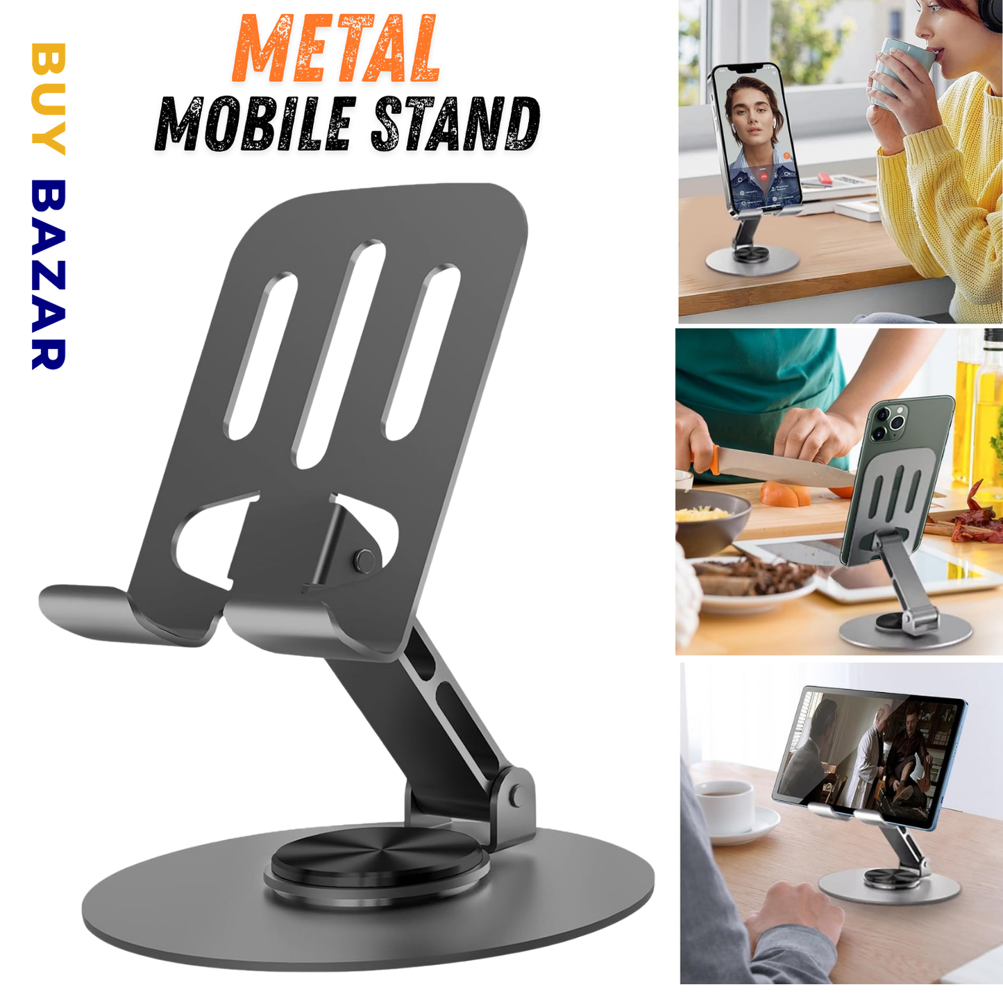 Metal Foldable Mobile Stand – Adjustable Phone Holder for Desk, Kitchen & Office Use | Universal Smartphone Stand