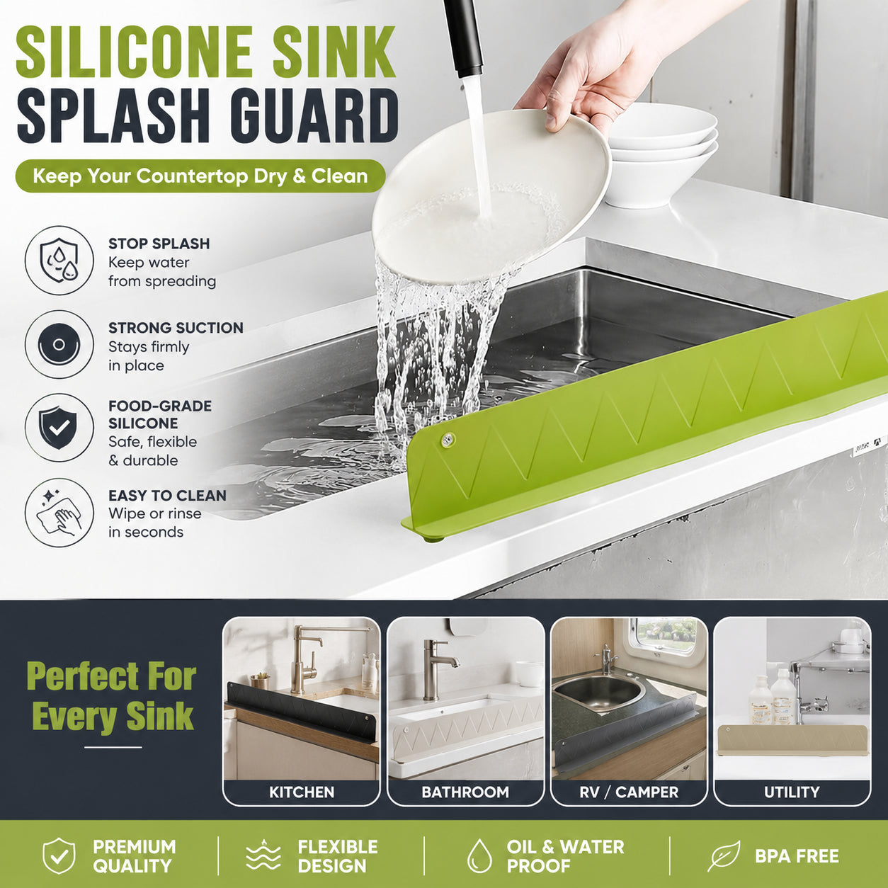 2-in-1 Silicone Faucet Mat & Kitchen Sink Splash Guard – Water-Resistant Countertop Protector