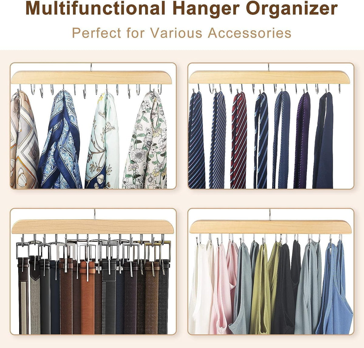 Pack of 2  – 8 Hooks Wooden Hanger Organizer – | Free Shipping