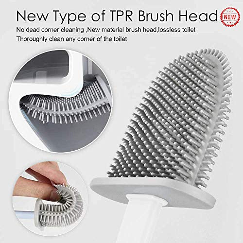 Silicone Toilet Brush with Holder - Flexible Soft Bristle Bathroom Cleaning Brush Set