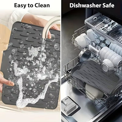 Silicone Sink Drying Mat with Drain Spout – Anti-Slip Kitchen Dish Drying Mat for Countertop