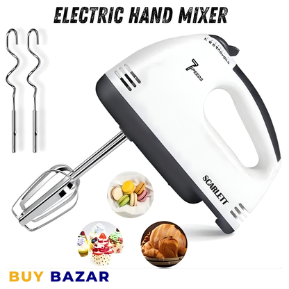 7-Speed Electric Hand Mixer – Scarlett Kitchen Beater with Stainless Steel Whisks & Dough Hooks for Baking