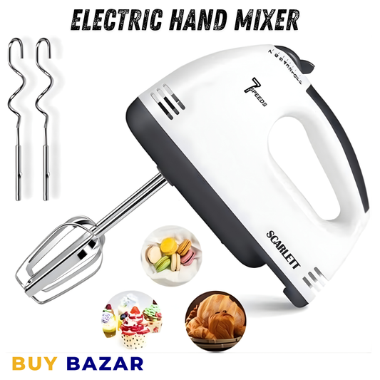 7-Speed Electric Hand Mixer – Scarlett Kitchen Beater with Stainless Steel Whisks & Dough Hooks for Baking