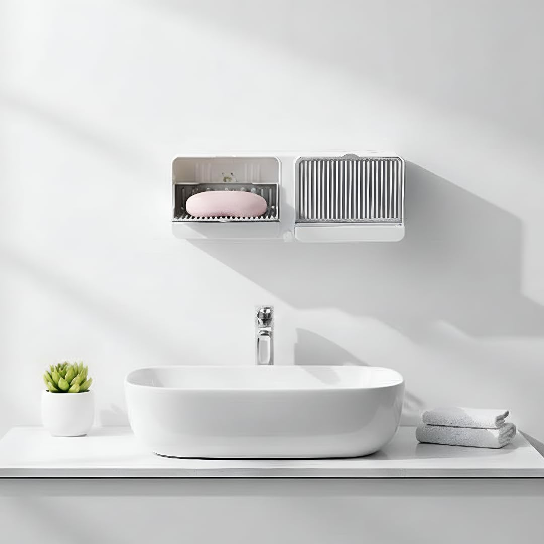 Wall Mounted Soap Holder with Drain Tray & Storage Drawer – Self-Adhesive Bathroom Soap Organizer - Free Shipping