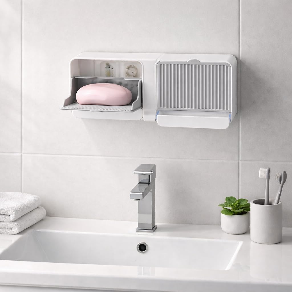 Wall Mounted Soap Holder with Drain Tray & Storage Drawer – Self-Adhesive Bathroom Soap Organizer - Free Shipping