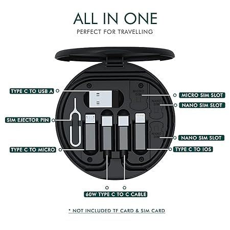 5 in 1 60W Fast Charging Cable Kit – Multi Charging Cable with USB Adapter, SIM Card Storage & Phone Stand