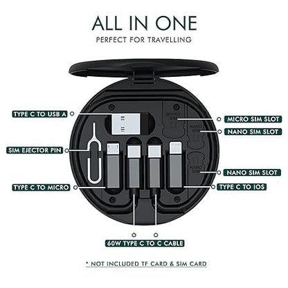 5 in 1 60W Fast Charging Cable Kit – Multi Charging Cable with USB Adapter, SIM Card Storage & Phone Stand