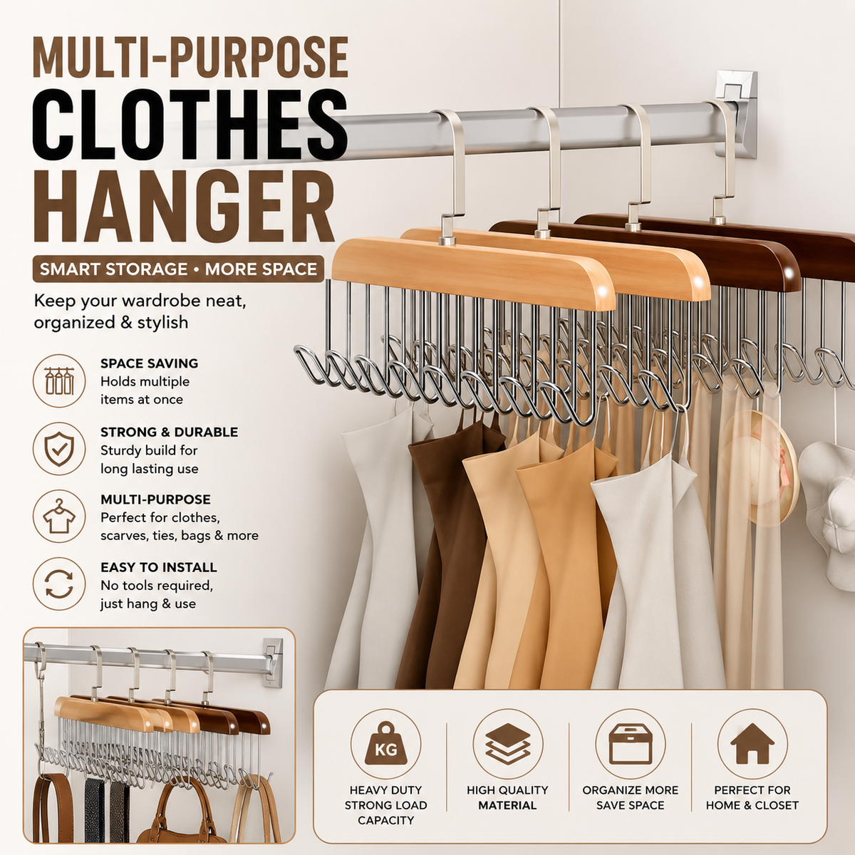 Pack of 2  – 8 Hooks Wooden Hanger Organizer – | Free Shipping