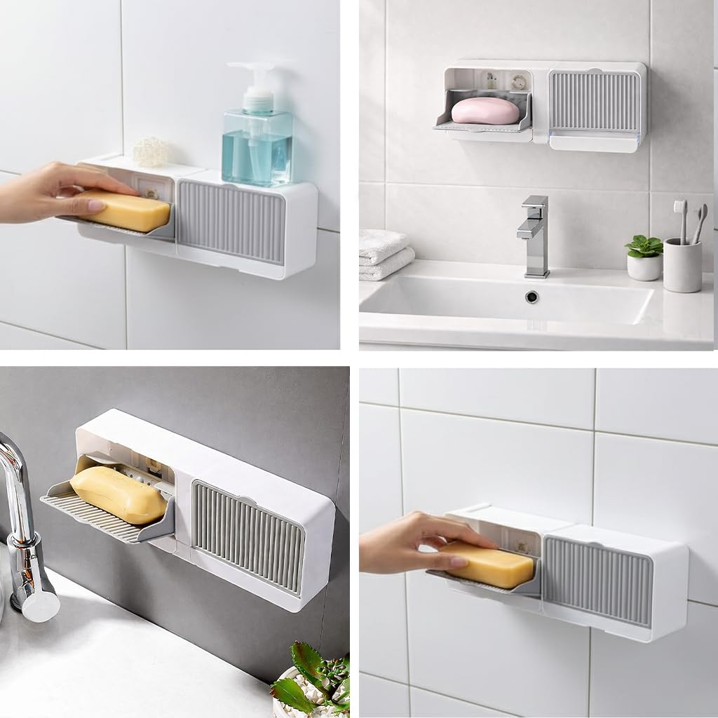 Wall Mounted Soap Holder with Drain Tray & Storage Drawer – Self-Adhesive Bathroom Soap Organizer - Free Shipping