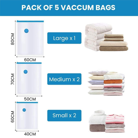 5 Pack Vacuum Storage Bags with Hand Pump – Space Saving Compression Bags for Clothes, Blankets & Bedding