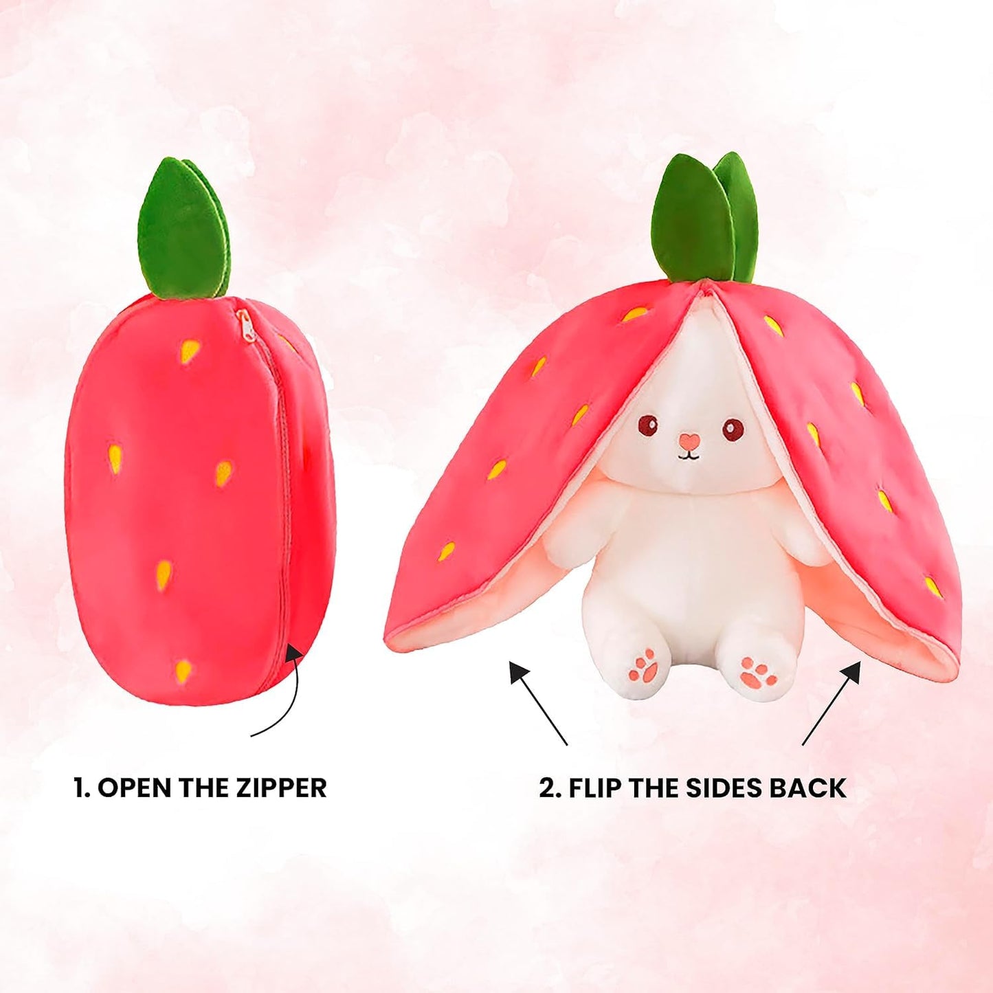 Reversible Strawberry Bunny Soft Toy – Rabbit Plush Toy with Zipper | Cute Strawberry Rabbit Doll | Gift for Kids & Girlfriend