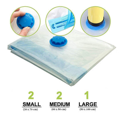 5 Pack Vacuum Storage Bags with Hand Pump – Space Saving Compression Bags for Clothes, Blankets & Bedding