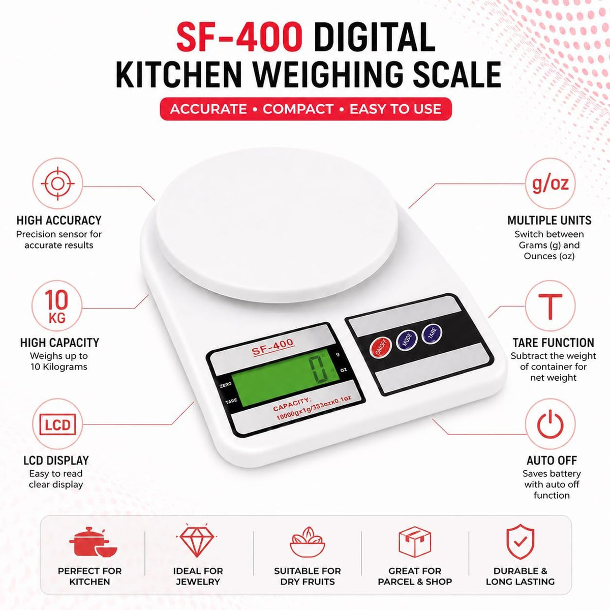 Digital Kitchen Food Weighing Scale 10KG – High Precision Electronic Weight Scale | Free Shipping