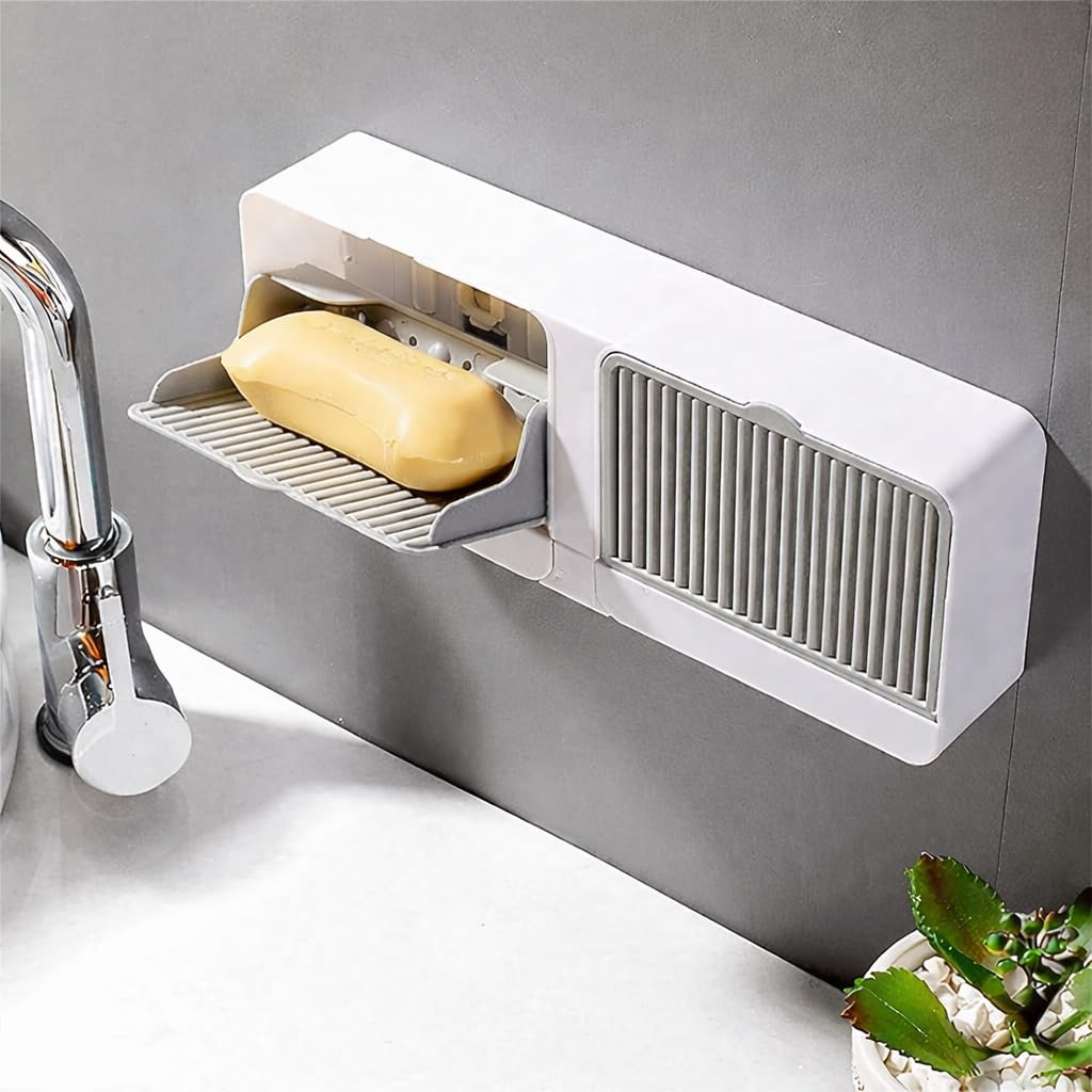 Wall Mounted Soap Holder with Drain Tray & Storage Drawer – Self-Adhesive Bathroom Soap Organizer - Free Shipping