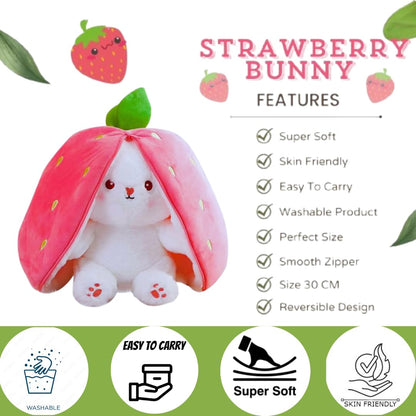 Reversible Strawberry Bunny Soft Toy – Rabbit Plush Toy with Zipper | Cute Strawberry Rabbit Doll | Gift for Kids & Girlfriend