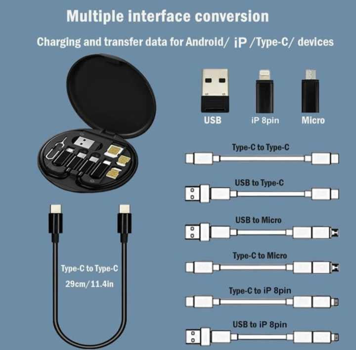 5 in 1 60W Fast Charging Cable Kit – Multi Charging Cable with USB Adapter, SIM Card Storage & Phone Stand