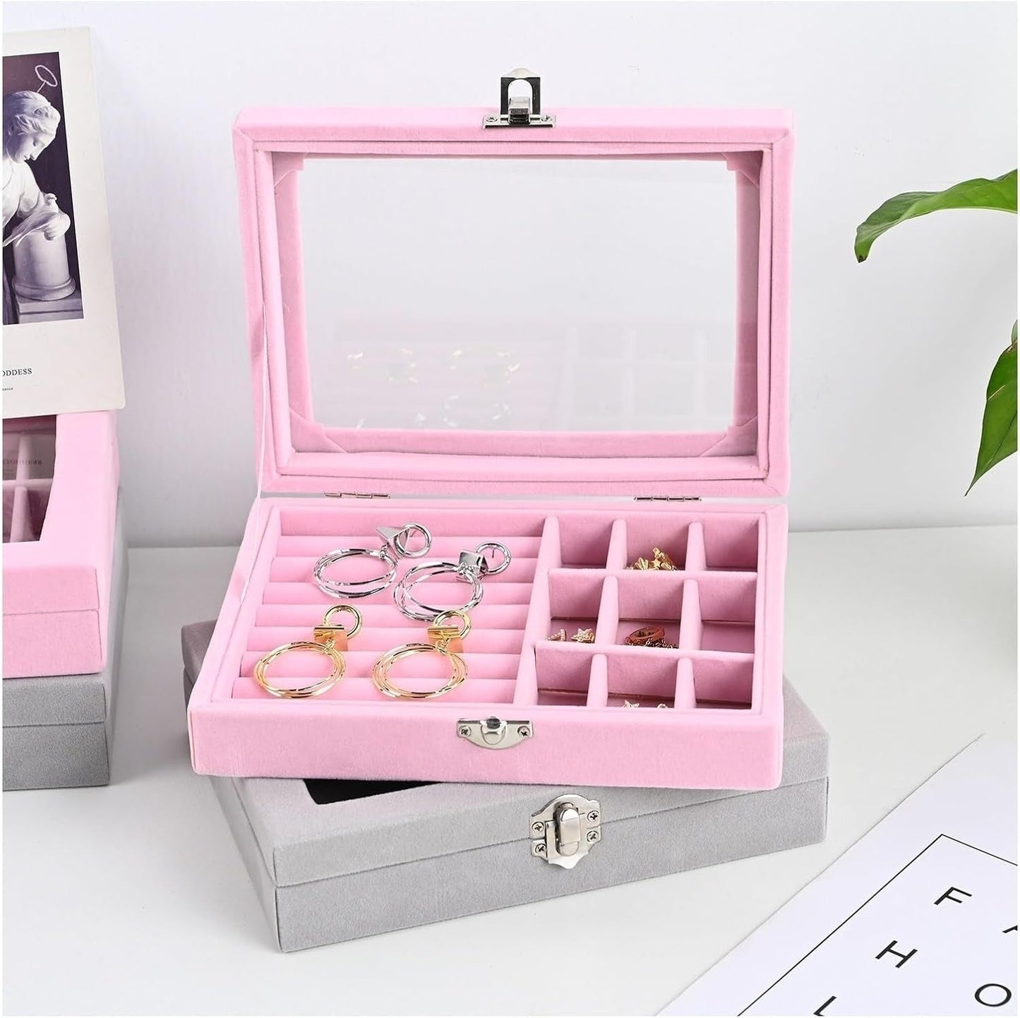 Velvet Jewelry Storage Box with Glass Lid – Multi-Compartment Organizer for Rings, Earrings & Accessories (Portable Display Case)