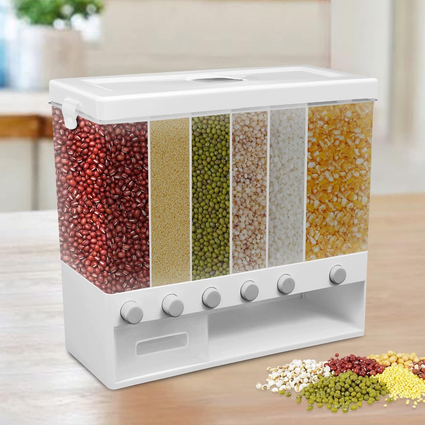 6 Grid Dry Food Dispenser – Multi-Section Grain & Pulses Storage Container