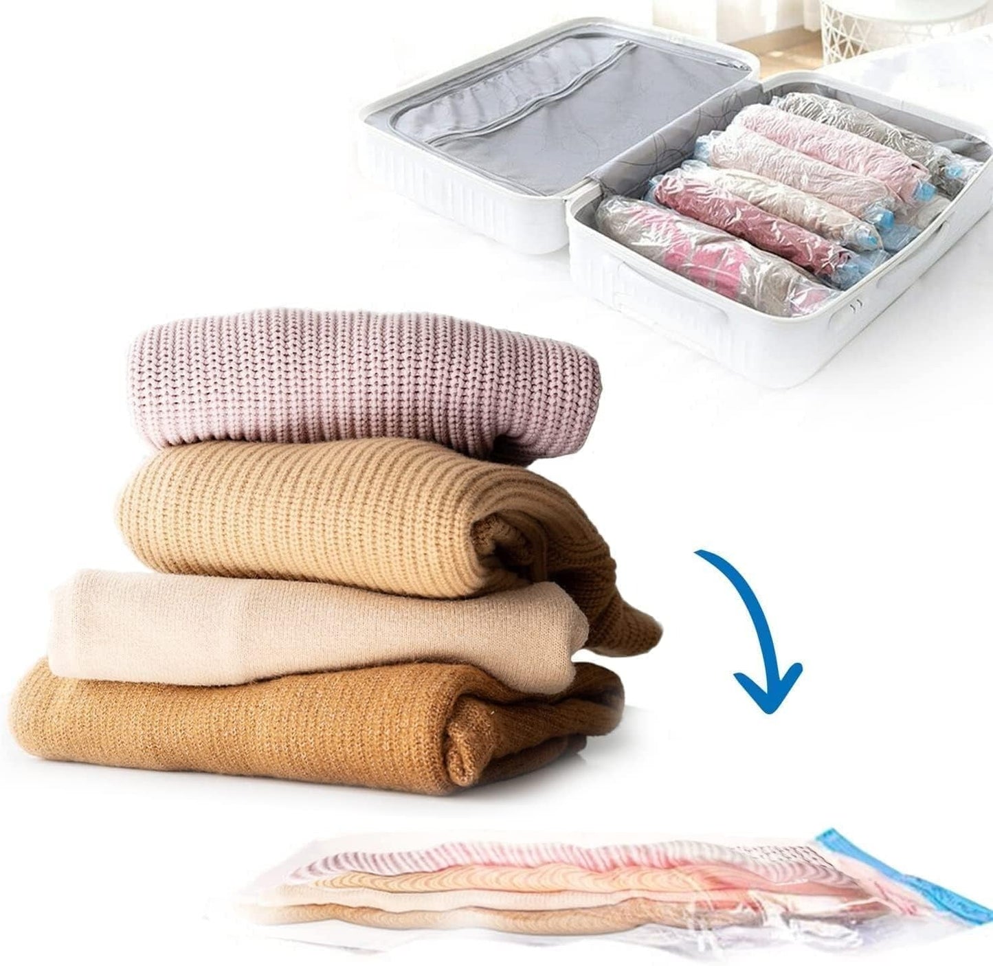 5 Pack Vacuum Storage Bags with Hand Pump – Space Saving Compression Bags for Clothes, Blankets & Bedding