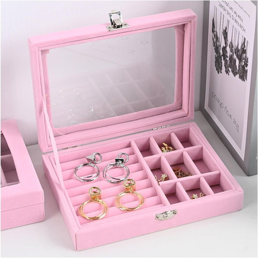 Velvet Jewelry Storage Box with Glass Lid – Multi-Compartment Organizer for Rings, Earrings & Accessories (Portable Display Case)