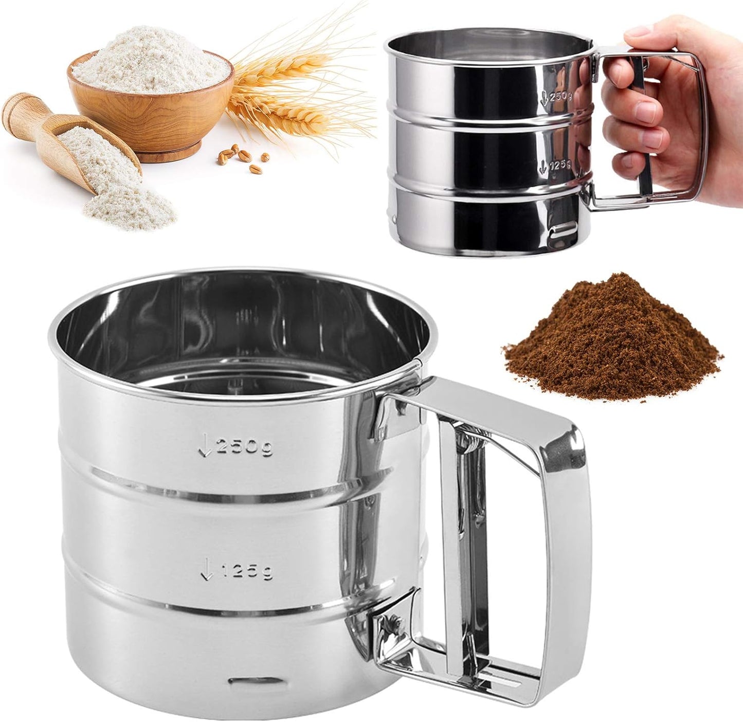 Stainless Steel Flour Sifter – Hand Press Flour Strainer with Measuring Marks