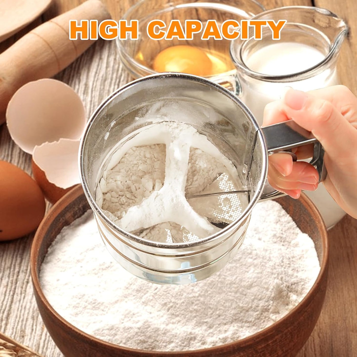 Stainless Steel Flour Sifter – Hand Press Flour Strainer with Measuring Marks