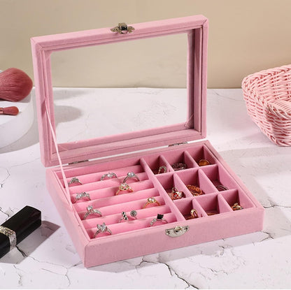 Velvet Jewelry Storage Box with Glass Lid – Multi-Compartment Organizer for Rings, Earrings & Accessories (Portable Display Case)