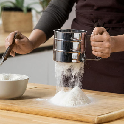 Stainless Steel Flour Sifter – Hand Press Flour Strainer with Measuring Marks