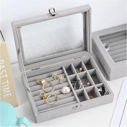 Velvet Jewelry Storage Box with Glass Lid – Multi-Compartment Organizer for Rings, Earrings & Accessories (Portable Display Case)