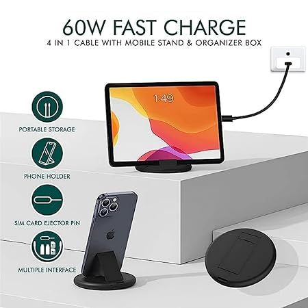 5 in 1 60W Fast Charging Cable Kit – Multi Charging Cable with USB Adapter, SIM Card Storage & Phone Stand