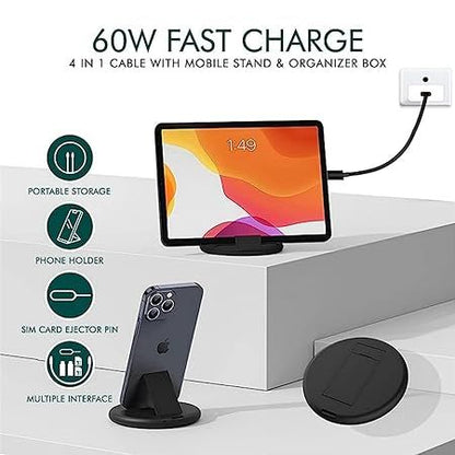 5 in 1 60W Fast Charging Cable Kit – Multi Charging Cable with USB Adapter, SIM Card Storage & Phone Stand