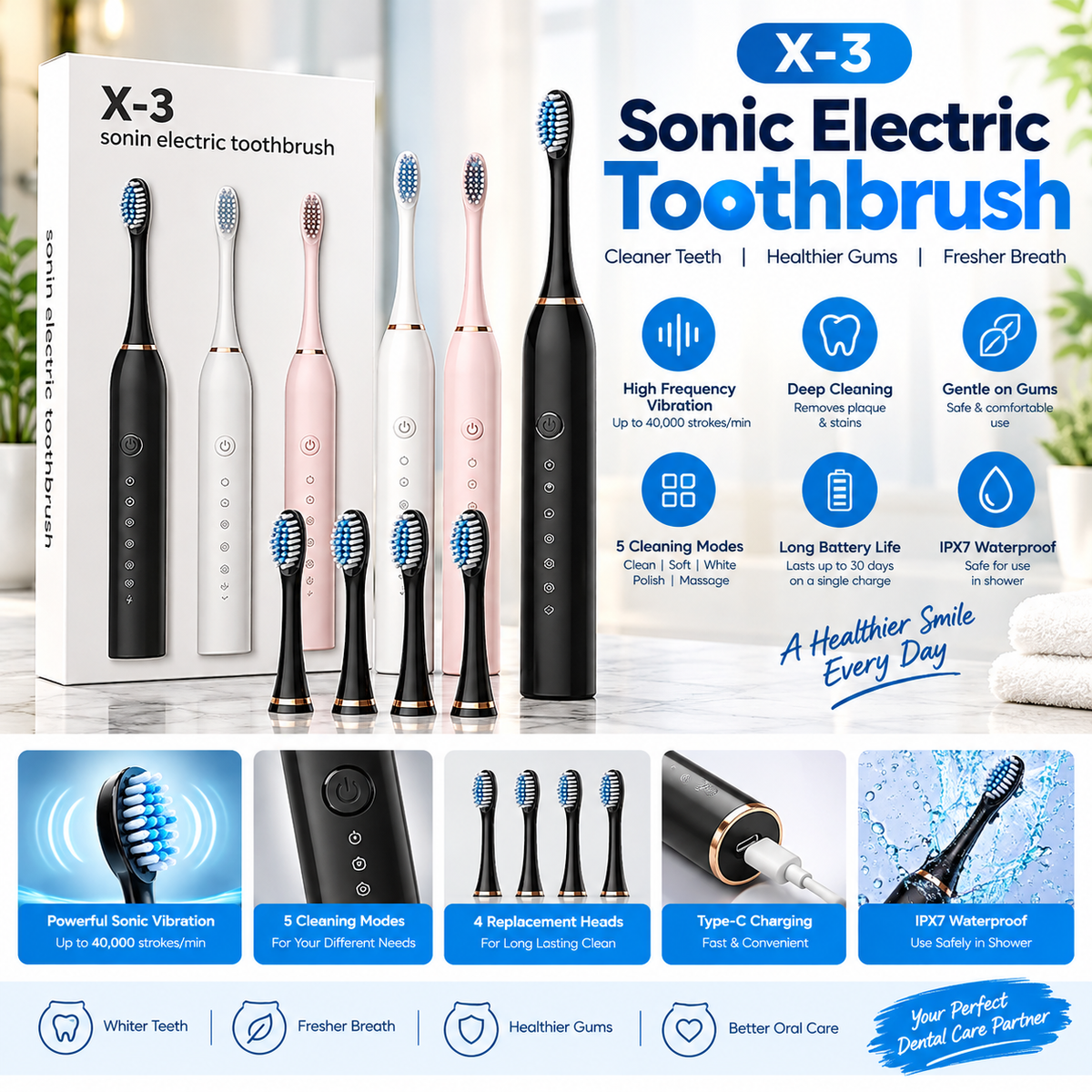 X-3 Electric Toothbrush with 4 Replacement Brush Heads - Free Shipping