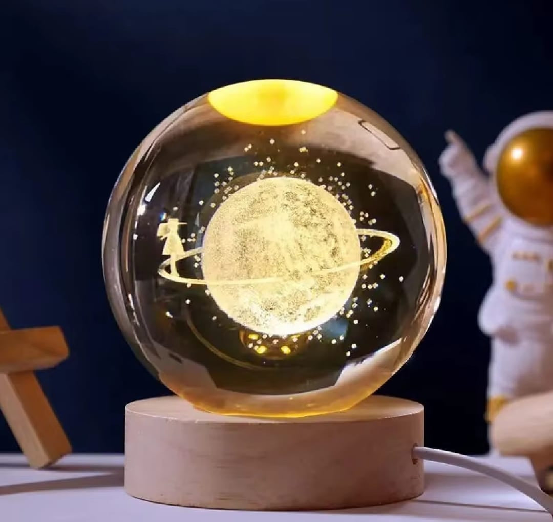 3D Moon Crystal Ball Night Lamp with Wooden Base, LED Lunar Light Decorative Bedroom Lamp, Home Decor Gift