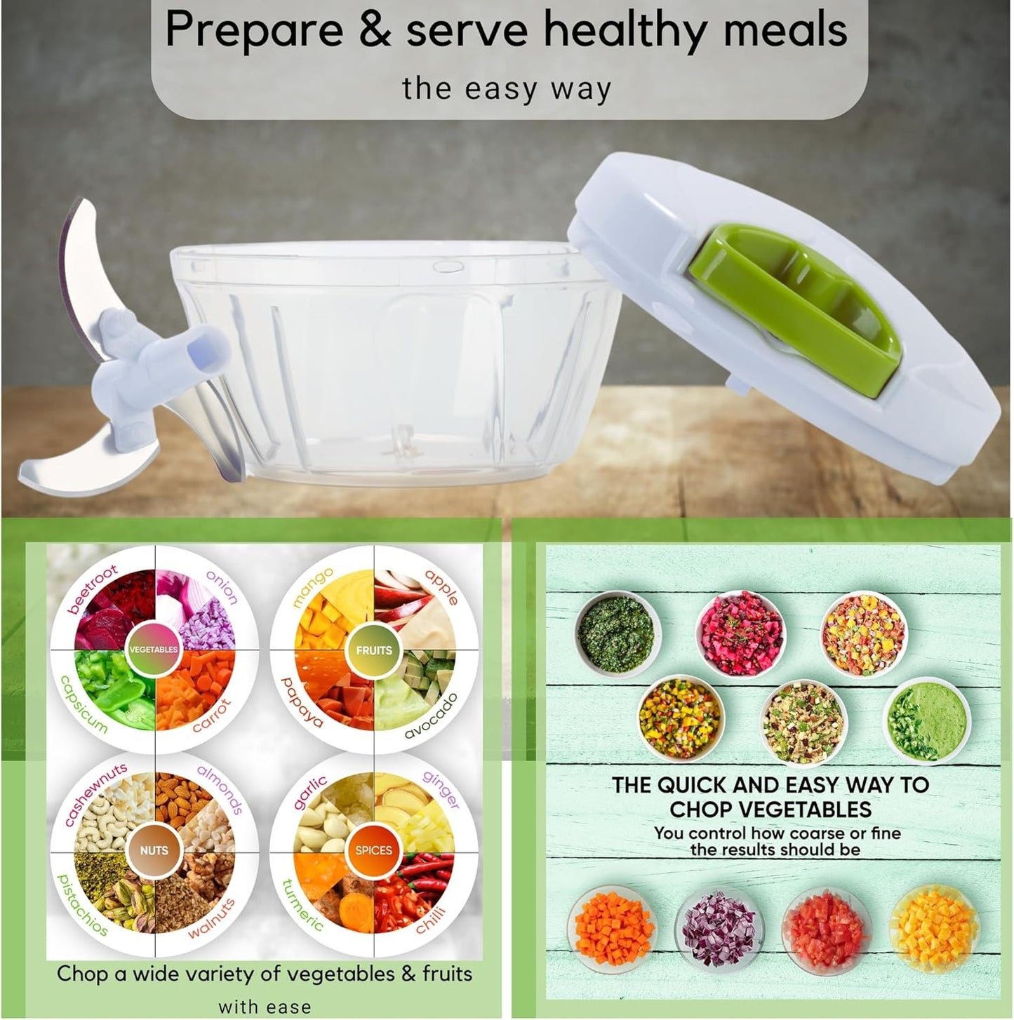 Manual Food Chopper – Pull Cord Vegetable & Meat Cutter with Stainless Steel Blades for Kitchen Use