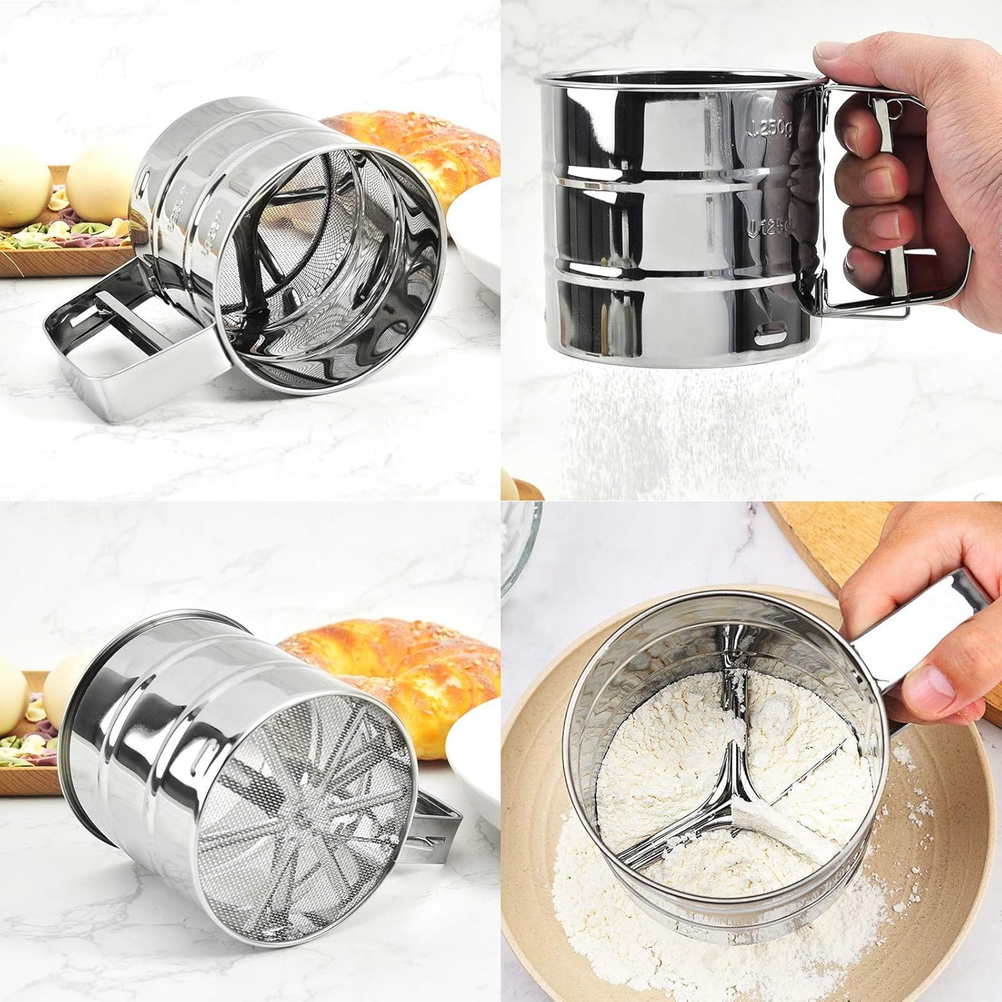 Stainless Steel Flour Sifter – Hand Press Flour Strainer with Measuring Marks