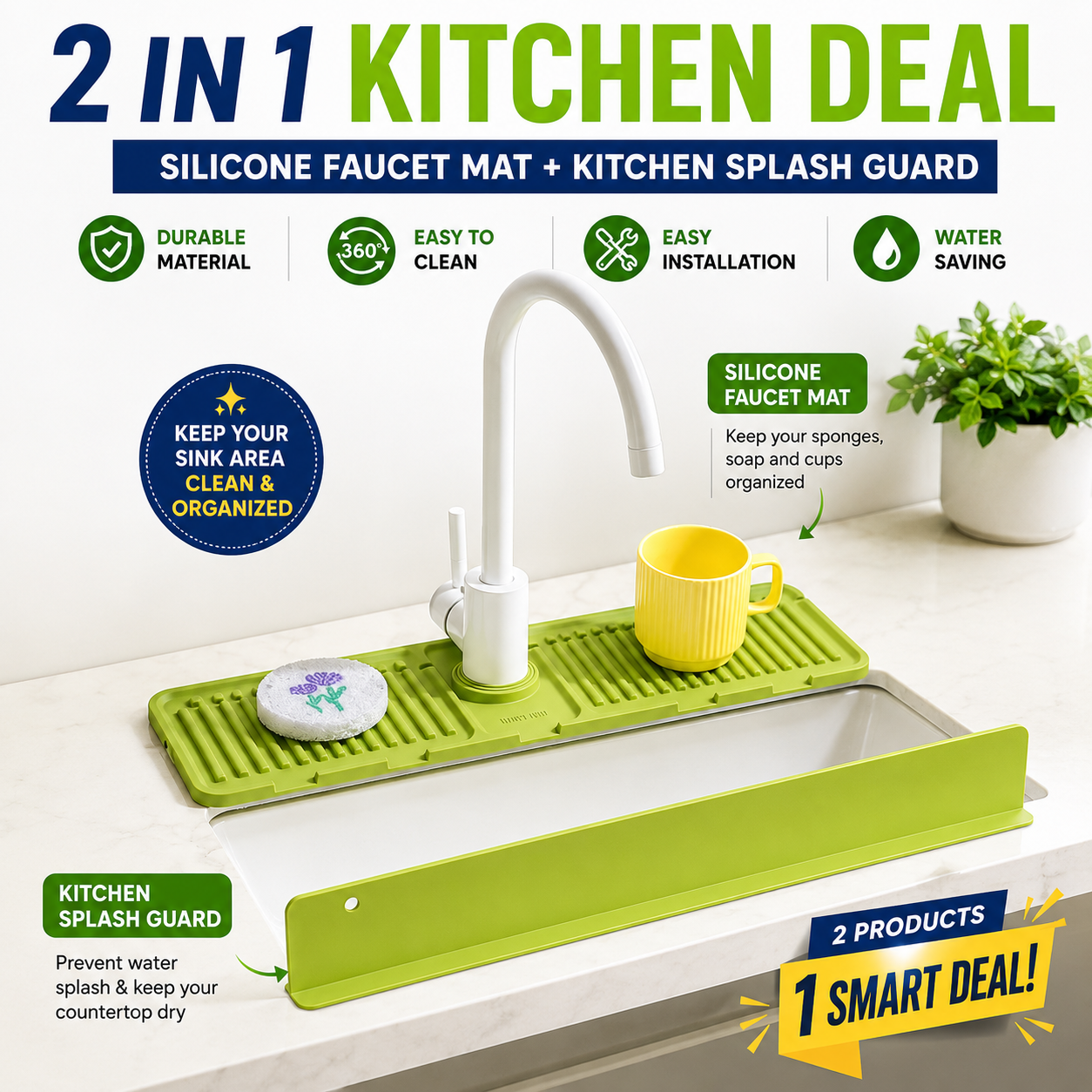 2-in-1 Silicone Faucet Mat & Kitchen Sink Splash Guard – Water-Resistant Countertop Protector