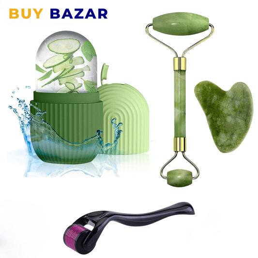 3-in-1 Skincare Beauty Set – Ice Roller, Jade Roller & Derma Roller for Face Massage & Skin Care