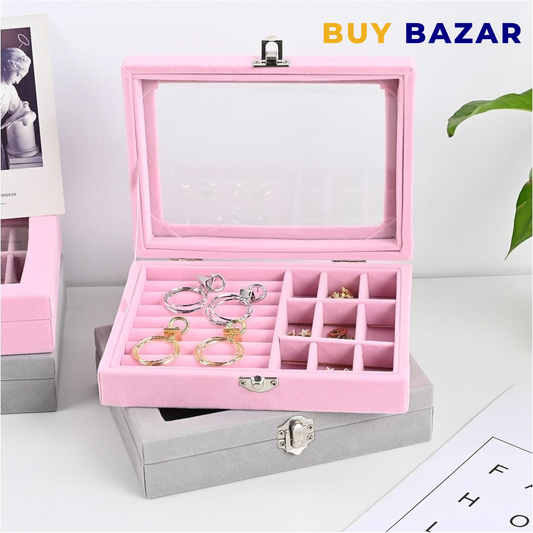 Velvet Jewelry Storage Box with Glass Lid – Multi-Compartment Organizer for Rings, Earrings & Accessories (Portable Display Case)