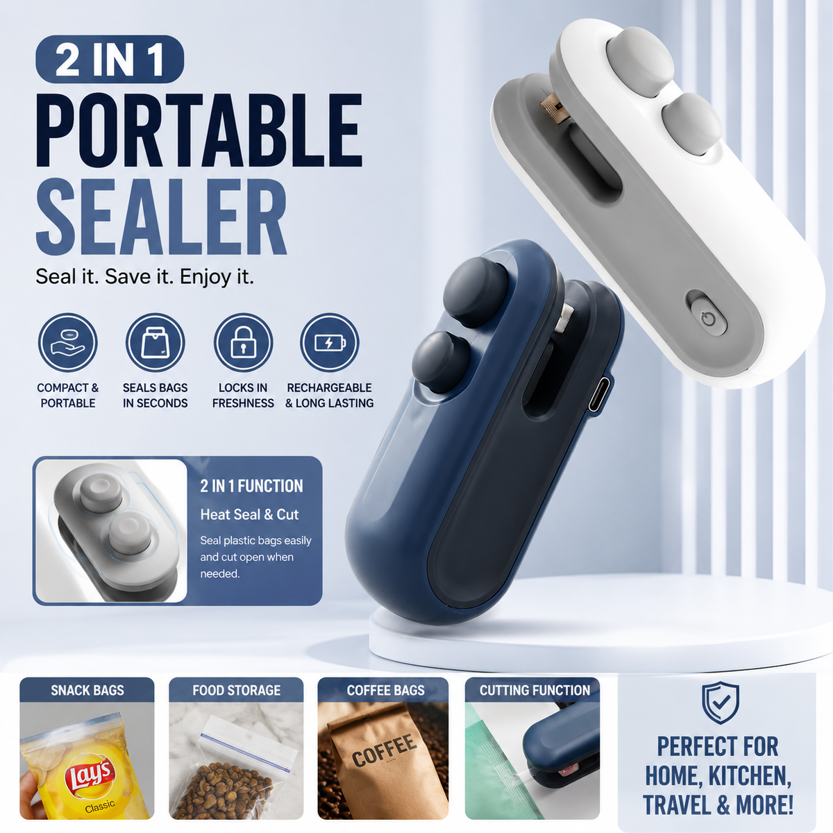 2-in-1 Portable Heat Sealer & Cutter – Rechargeable Food Bag Sealing Machine