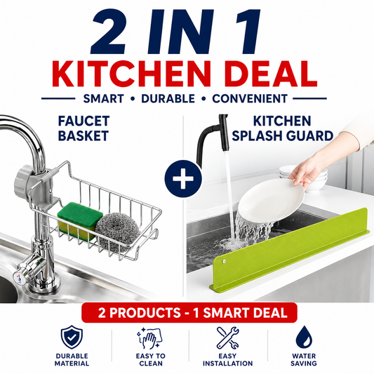 2 in 1 Kitchen Deal – Faucet Basket Sink Organizer & Kitchen Splash Guard | Sink Storage Rack | Water Splash Protector